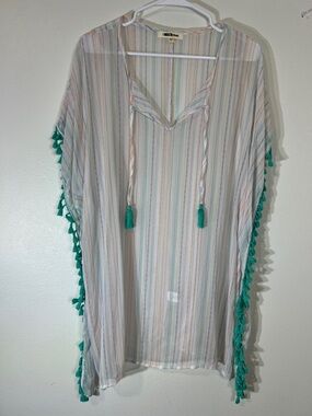 Striped Sheer Swim Coverup with Teal Tassel Trim